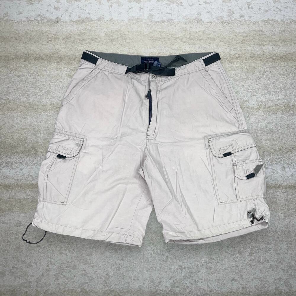 Vintage Y2K Sonoma Cargo Shorts 34x11 Tan Adjustable Waist 11" Inseam - Picture 2 of 4